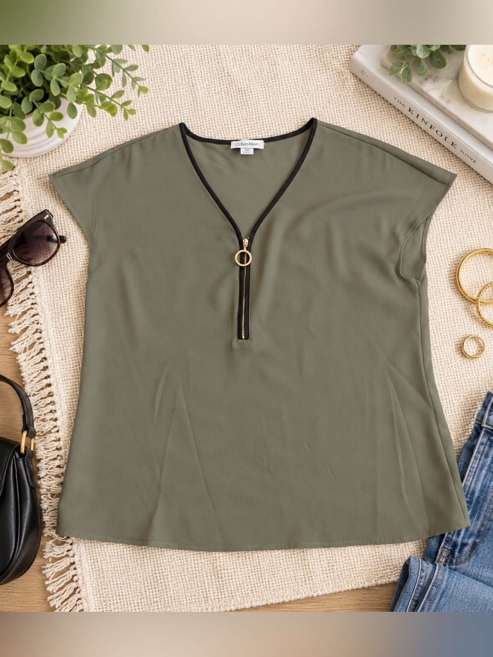 Calvin Klein Olive Green Gold Zip V-Neck Blouse – Size Small